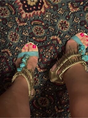 Jimmy Choo Women's Turquoise and Gold Embellished Strappy Heels, 37
